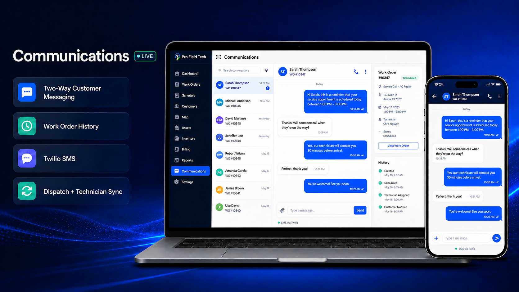 Pro Field Tech Communications workspace showing two-way customer SMS conversations and work order history