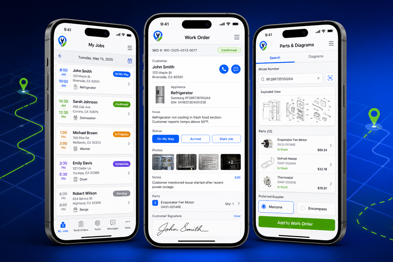 Pro Field Tech iOS app showing three screens side by side: My Jobs list with technician schedule, Work Order detail with customer info and digital signature, and Parts and Diagrams with model search and Marcone/Encompass supplier selection (integrations in development)